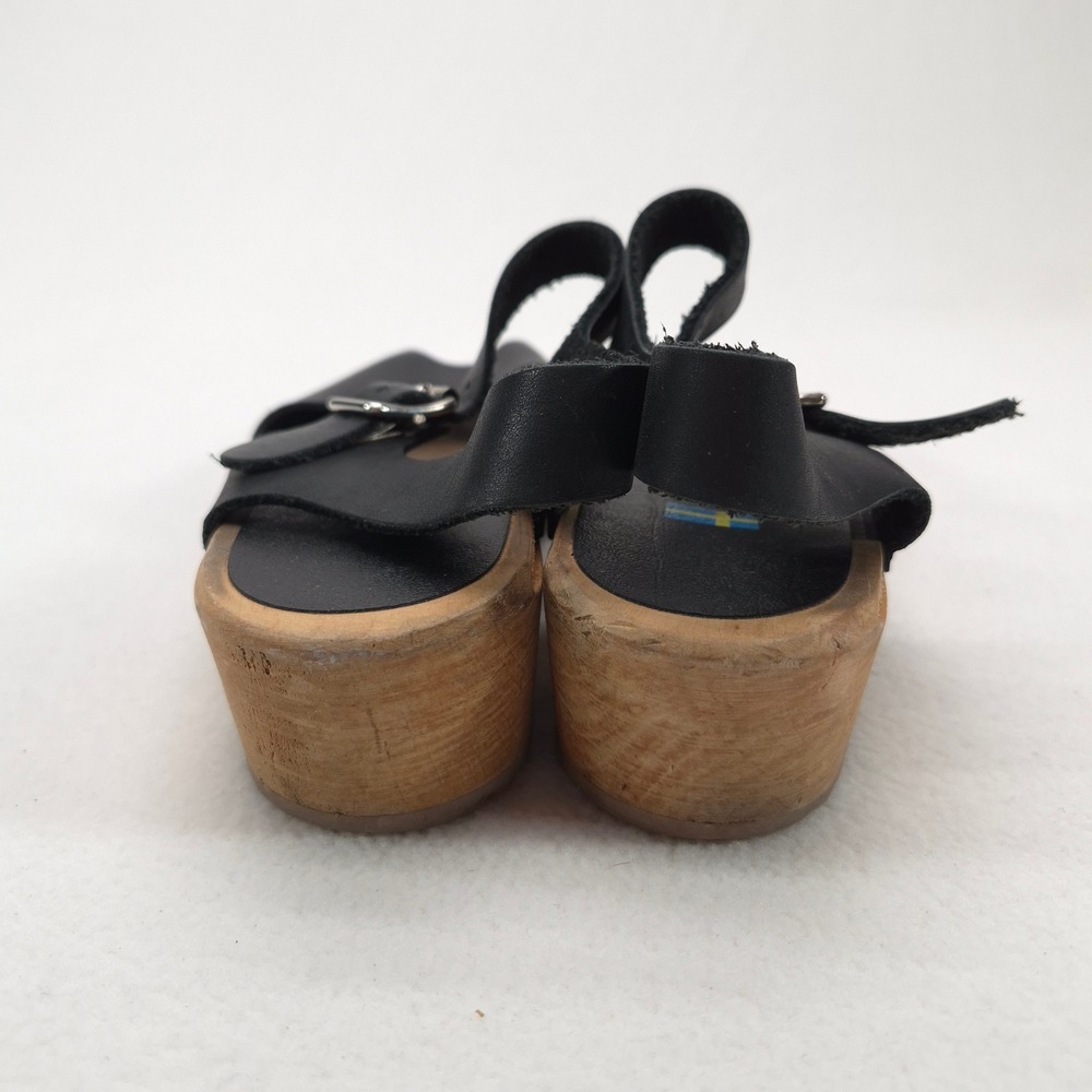 Swedish Hasbeens Clog Sandals Black 38 Retro Boho Wood Platform Peep Toe Heels - Picture 3 of 11
